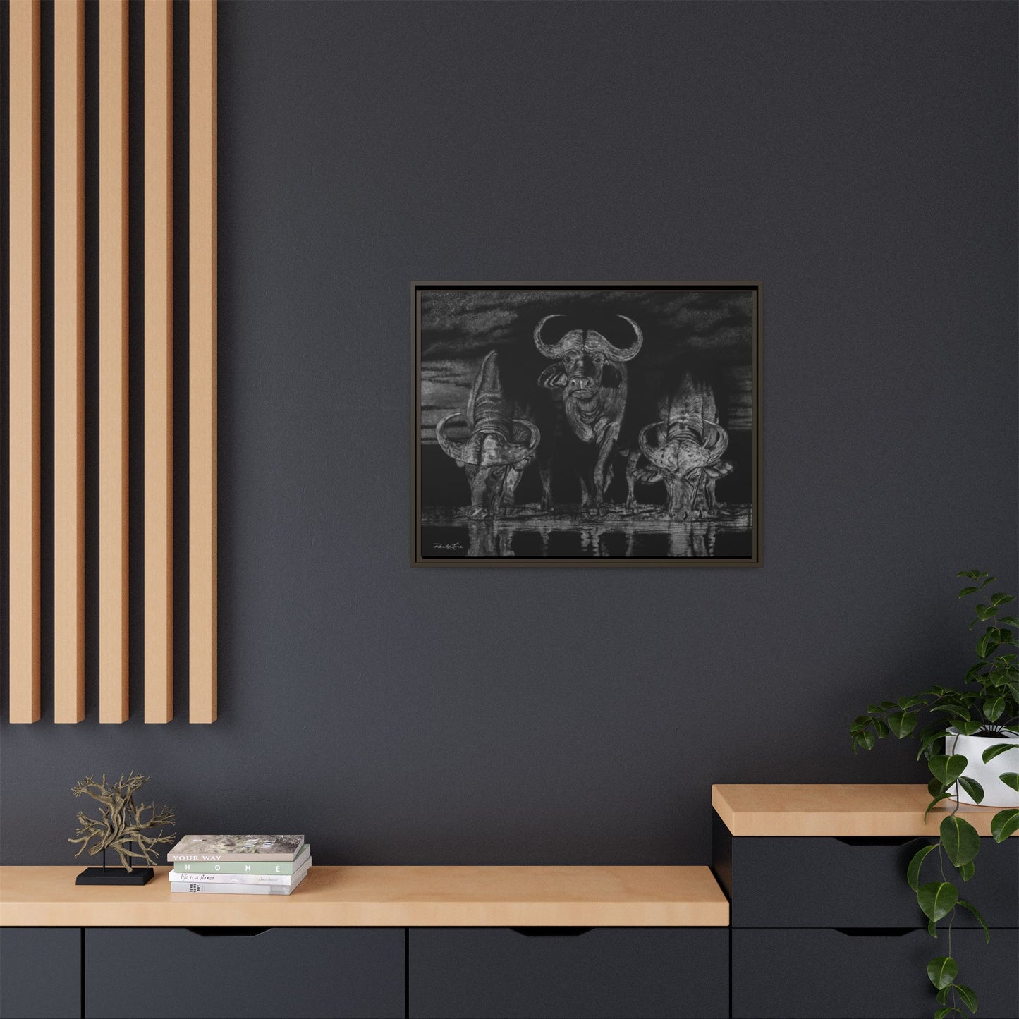 The Waterhole, Cape Buffalo Framed Canvas Wall Art