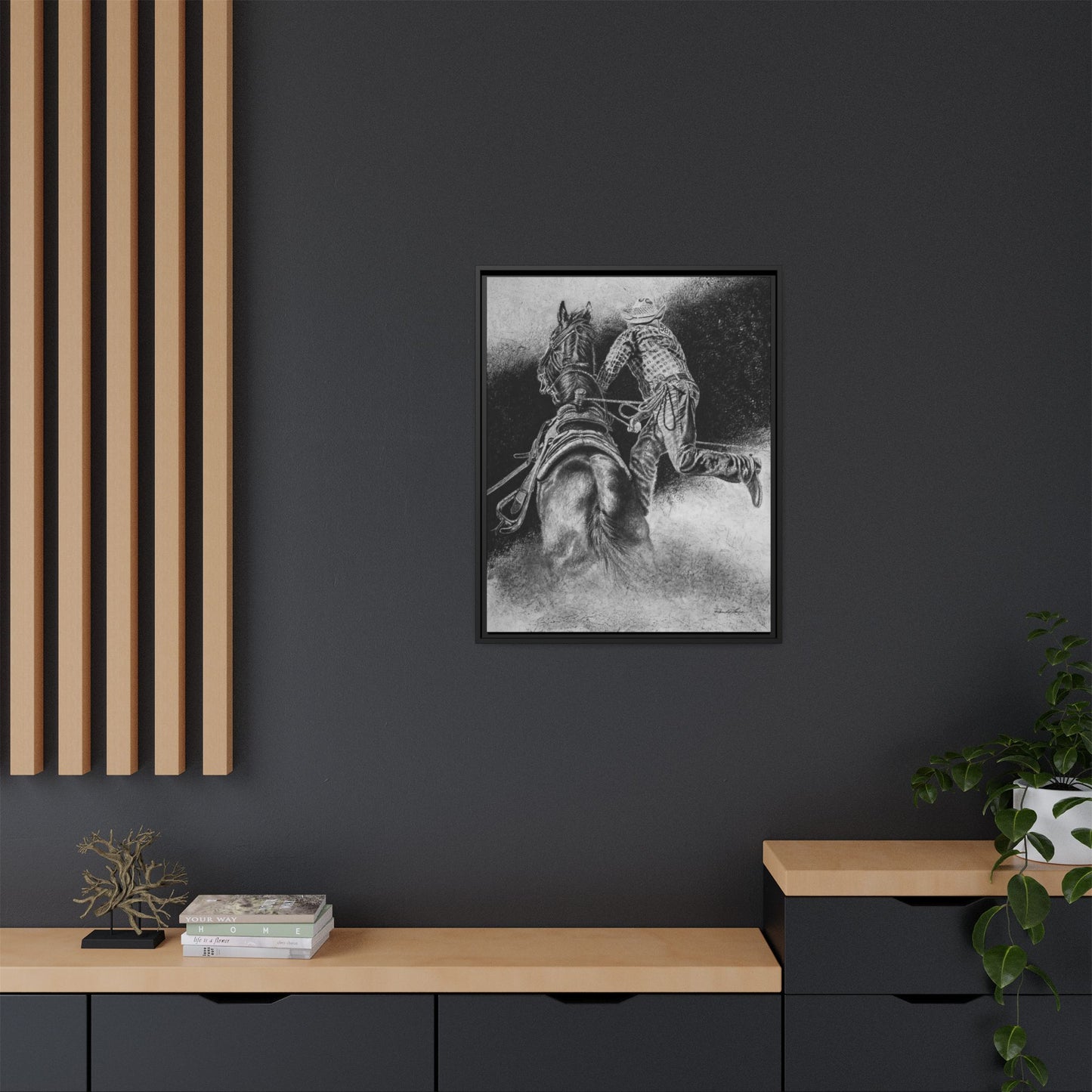 The Dismount. Steer Roper Framed Stretched Canvas Art