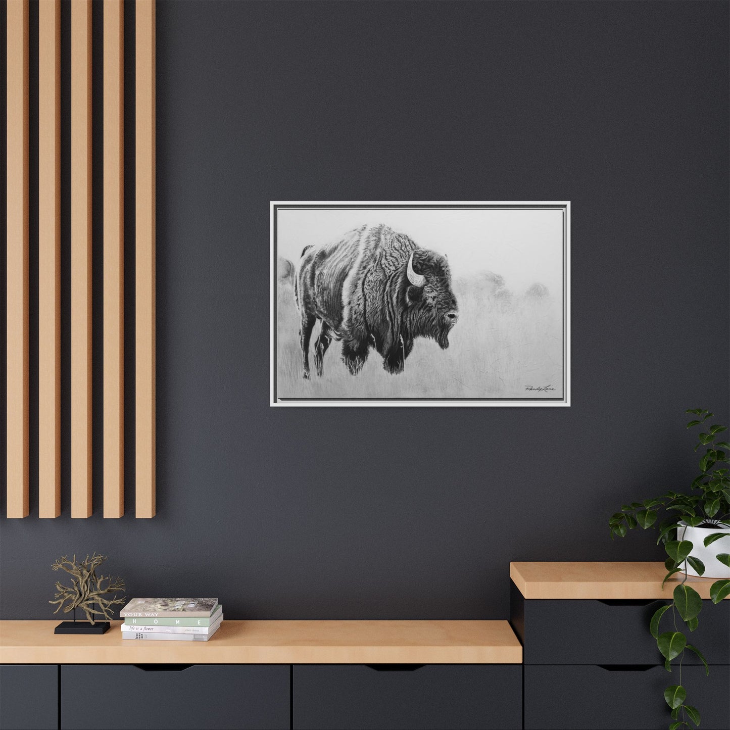 Prairie Bison, Bison Painting Framed Matte Canvas Print — Black & White Wildlife Wall Art