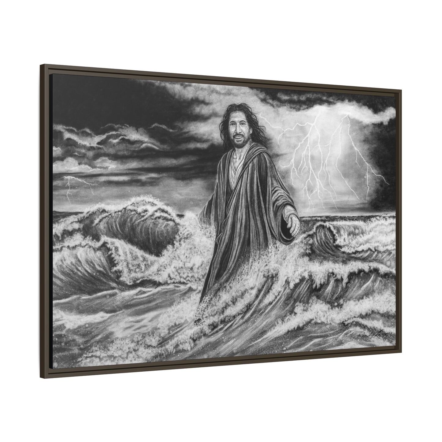 View from the Boat, Jesus Walking on Water Painting Framed Matte Canvas — Religious Wall Art