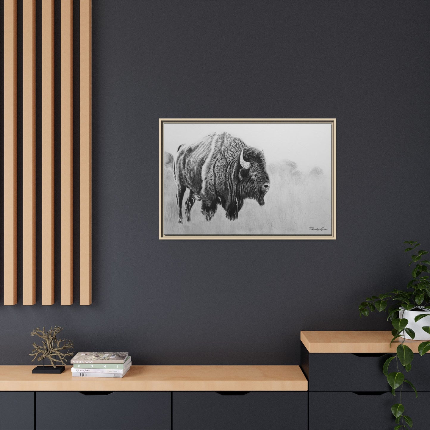 Prairie Bison, Bison Painting Framed Matte Canvas Print — Black & White Wildlife Wall Art