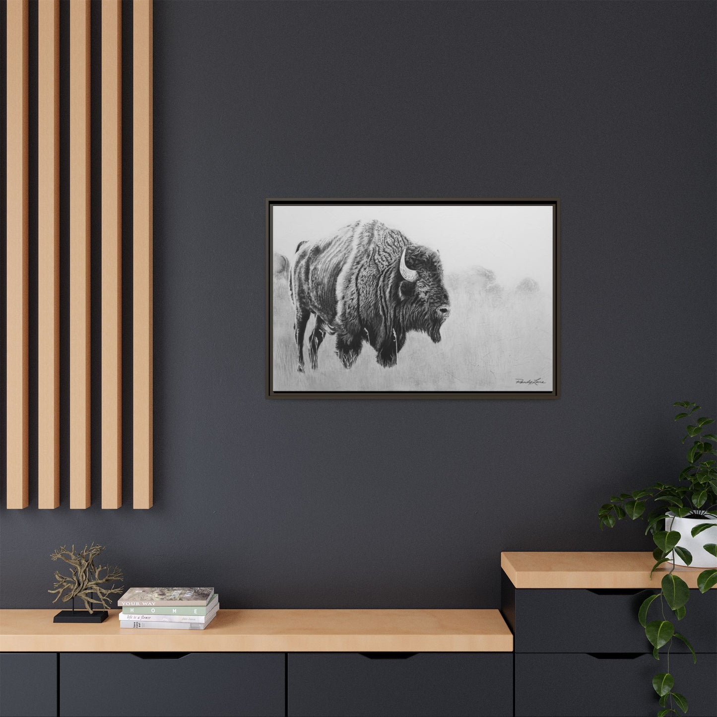Prairie Bison, Bison Painting Framed Matte Canvas Print — Black & White Wildlife Wall Art