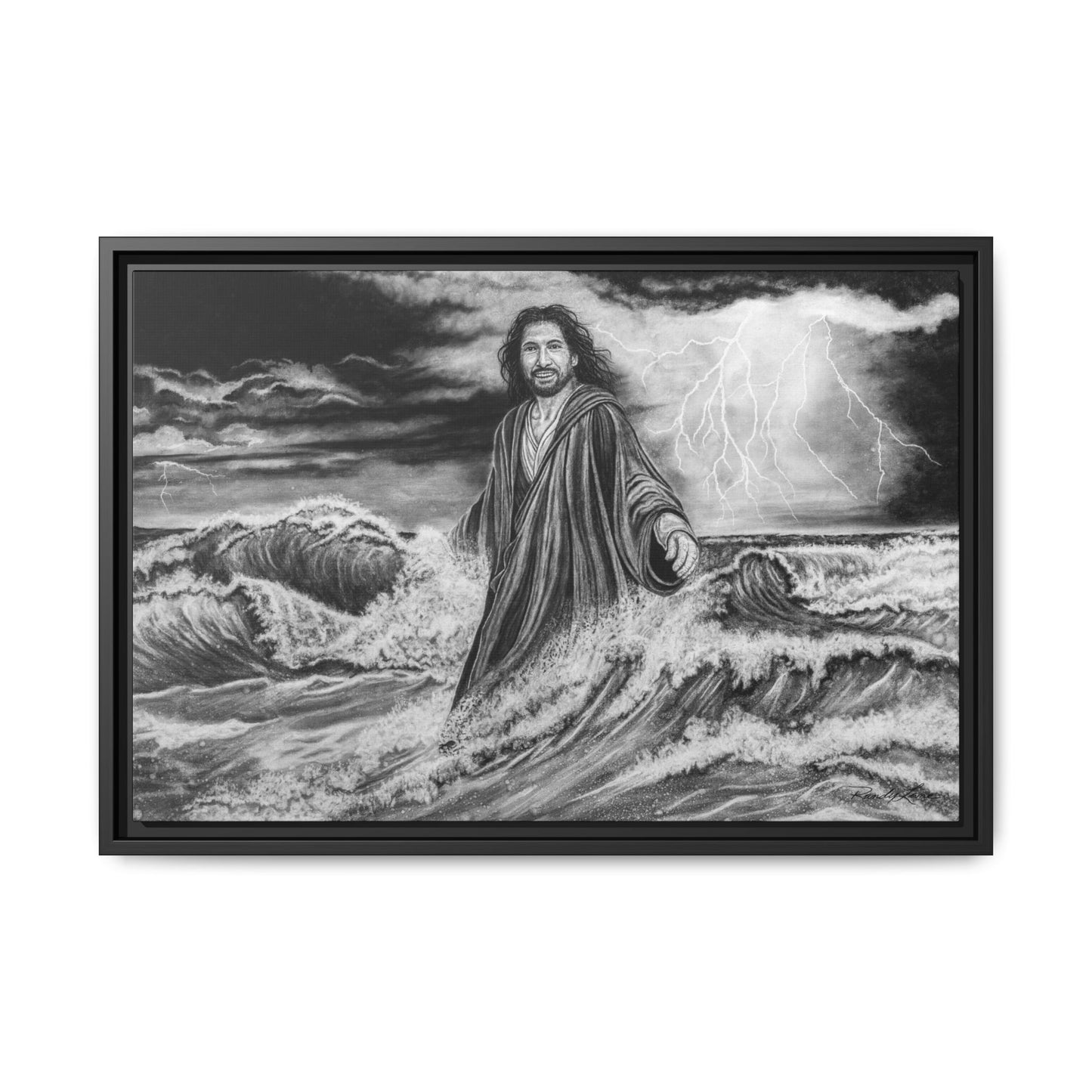View from the Boat, Jesus Walking on Water Painting Framed Matte Canvas — Religious Wall Art