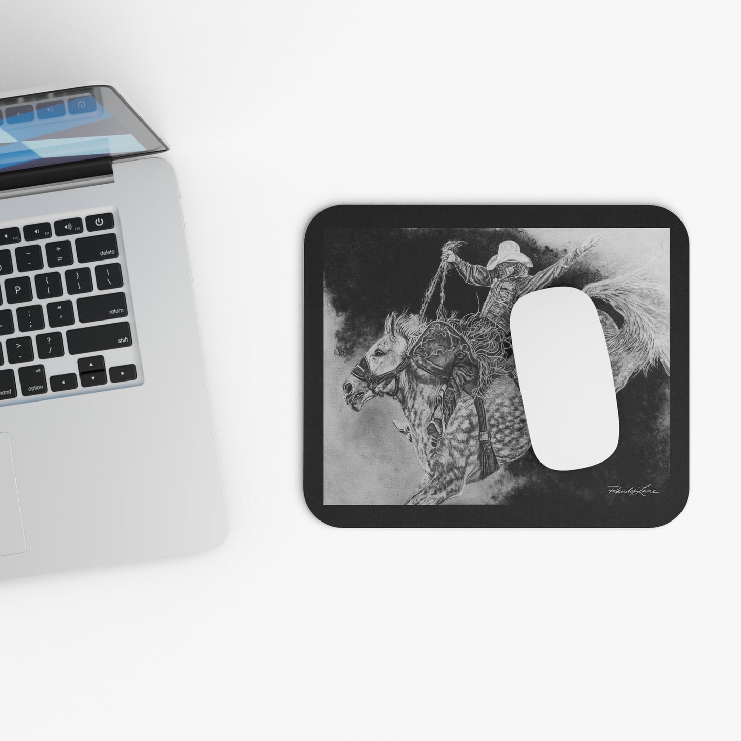 Big Grey, Rodeo Bareback Bronc Painting Mouse Pad — Bucking Bronco Desk Mat