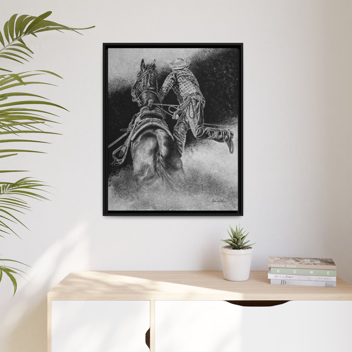 The Dismount. Steer Roper Framed Stretched Canvas Art