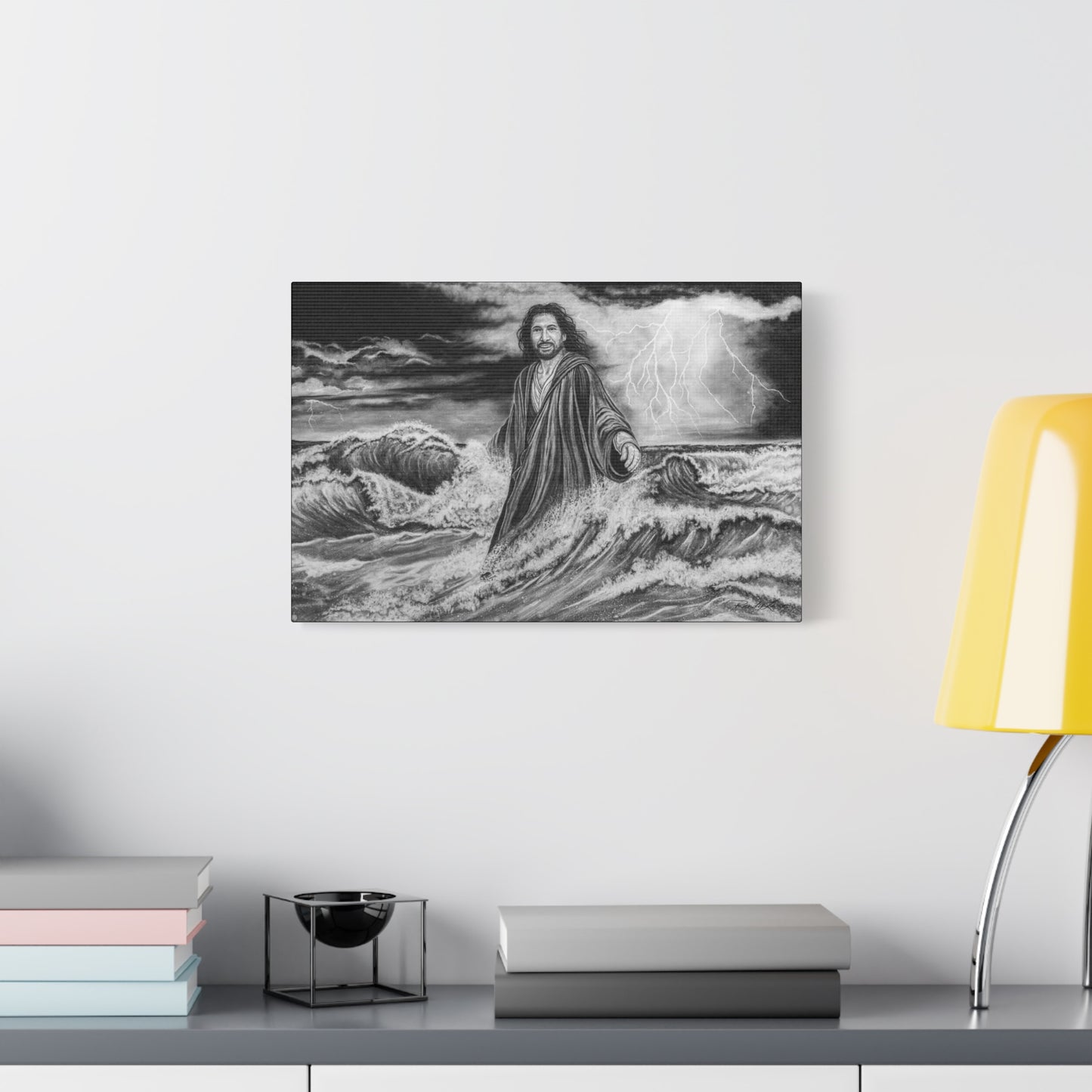 View from the Boat, Jesus Walking on Water Painting, Matte Stretched Canvas Wall Art