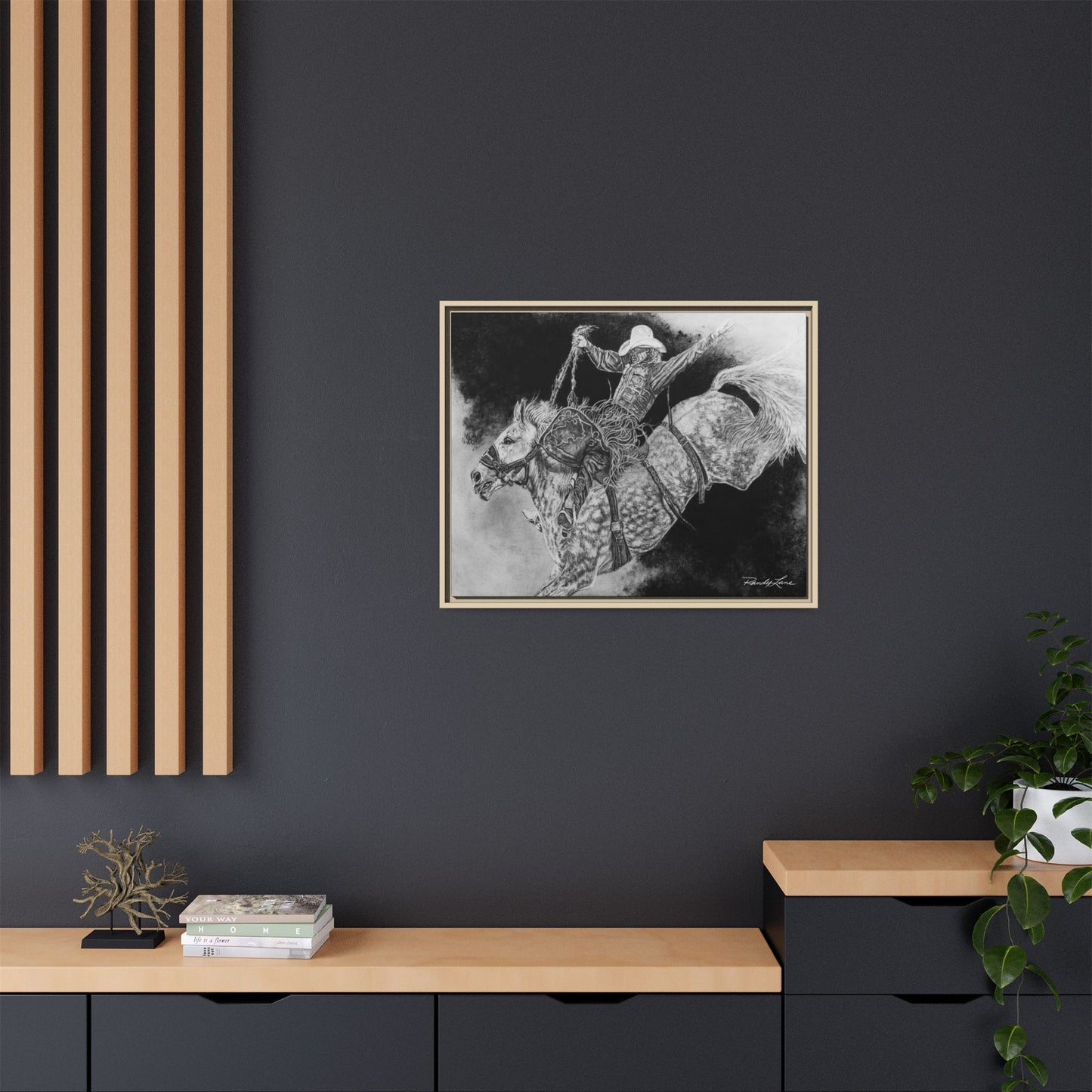 Big Grey, Rodeo Bareback Bronc Painting Framed Matte Canvas Wall Art — Bucking Bronco Cowboy Print