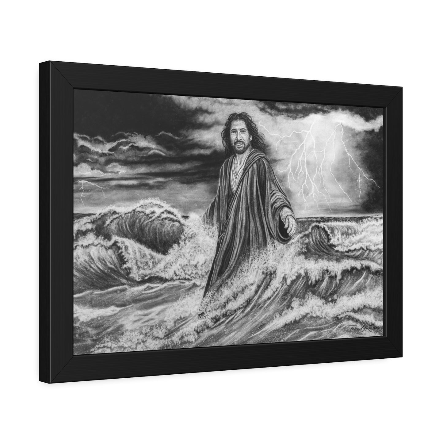 View from the Boat, Jesus Walking on Water Painting, Framed Fine Art Print, Black & White Religious Wall Art