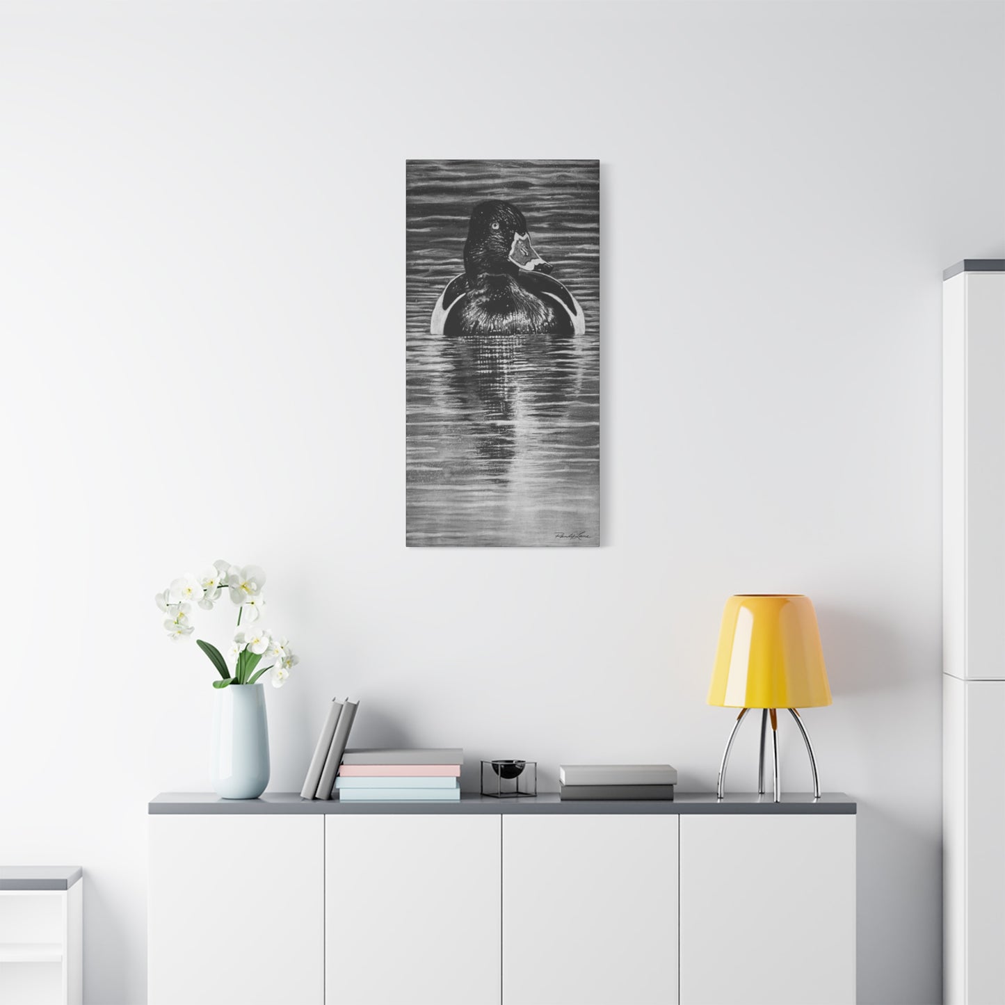 Reflection, Ring necked Duck Painting, Stretched Matte Canvas