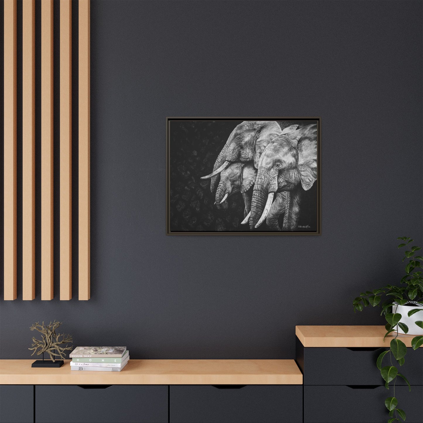 Brushland Bond. Elephant Art Framed Stretched Matte Canvas Print